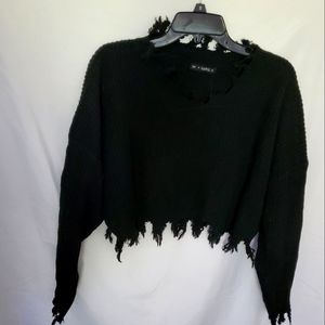 Zaful Crop Fringed Sweater Black Large
